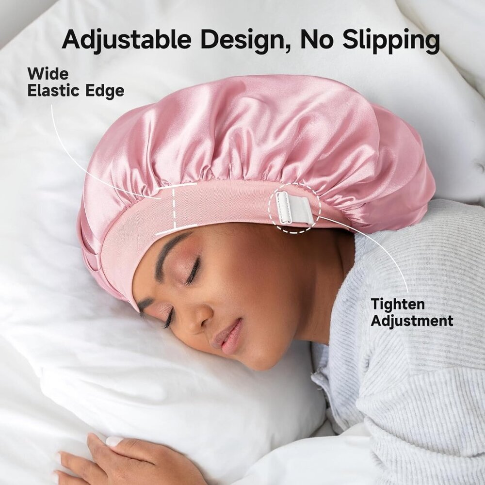 Silk Hair Bonnet Large for Long Hair Double Layer Soft Elastic Pink Sleep Cap - Picture 3 of 6